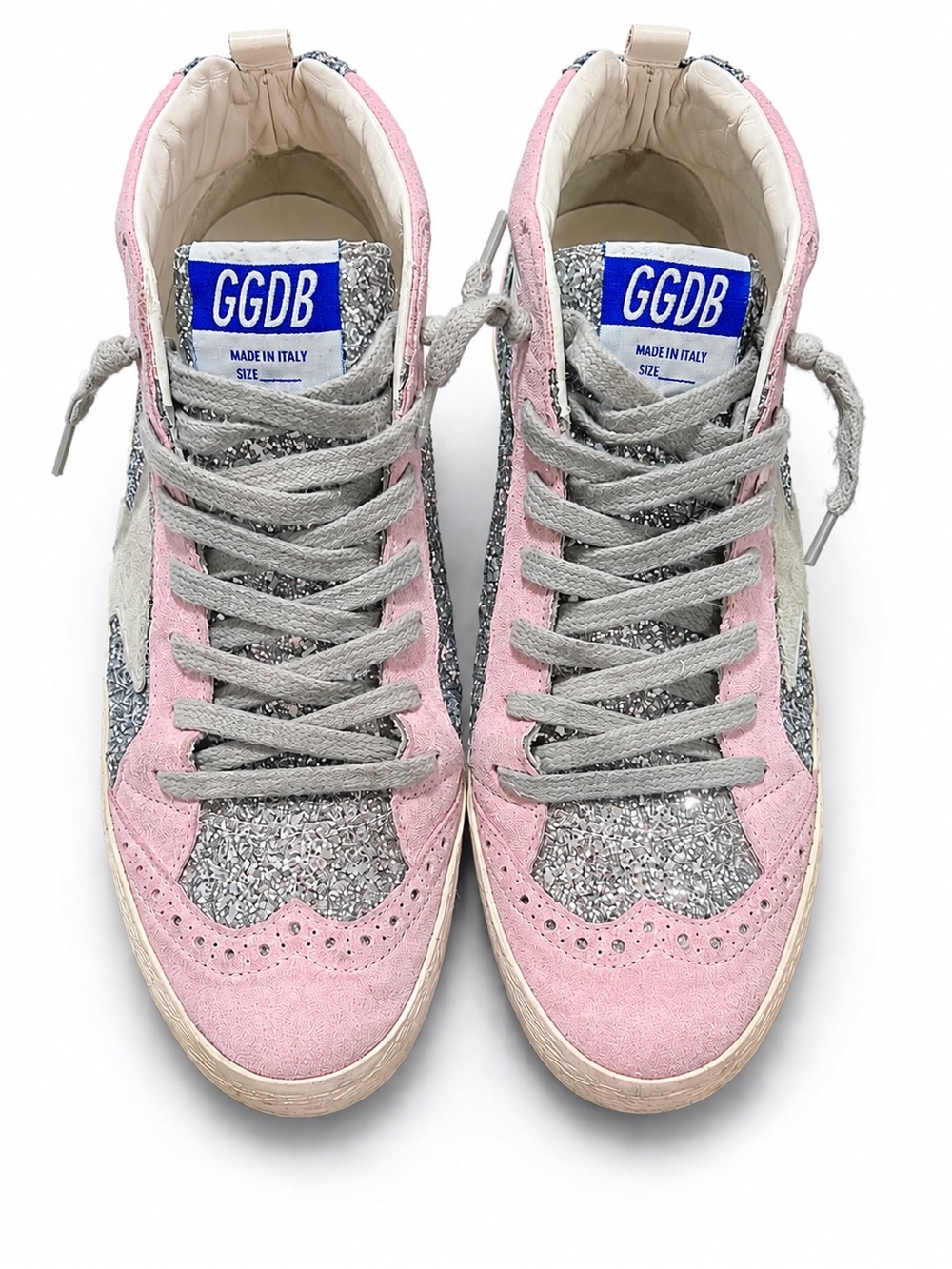 Golden Goose Mid Star; Pink Suede and silver glitter